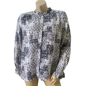 Jane and Delancey Womens Small Black White Boho Button Front Ruffle Blouse Top